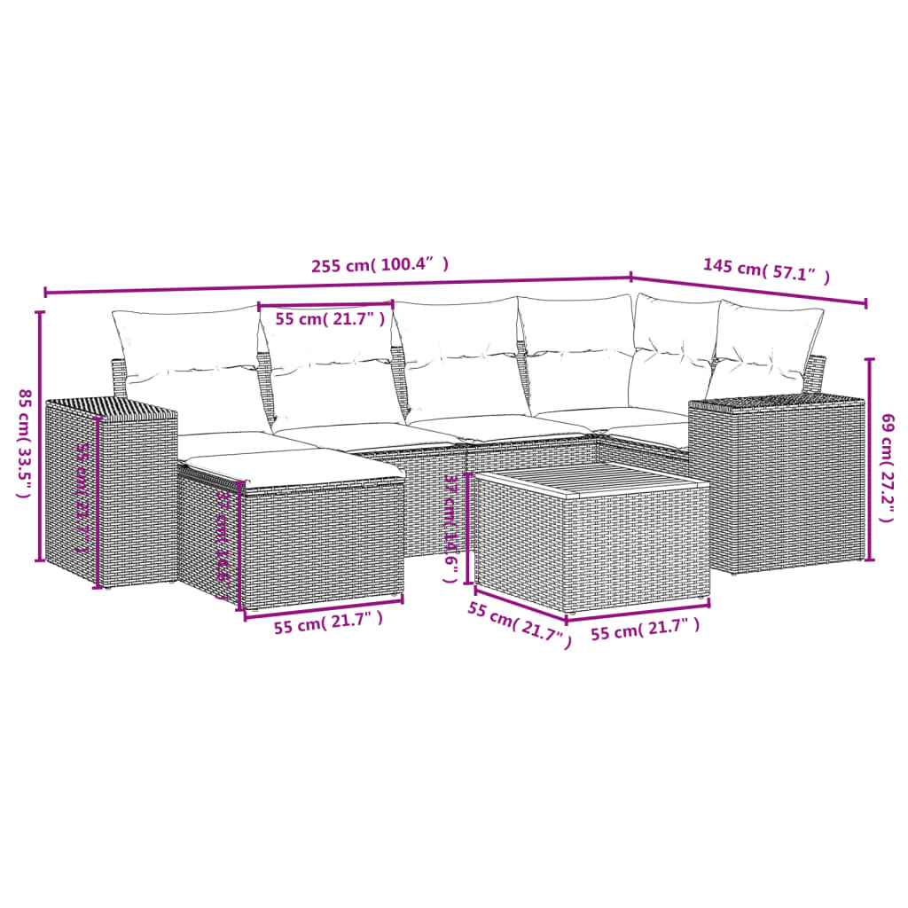 vidaXL 7-tlg. Garten-Sofagarnitur mit Kissen Beige Poly Rattan