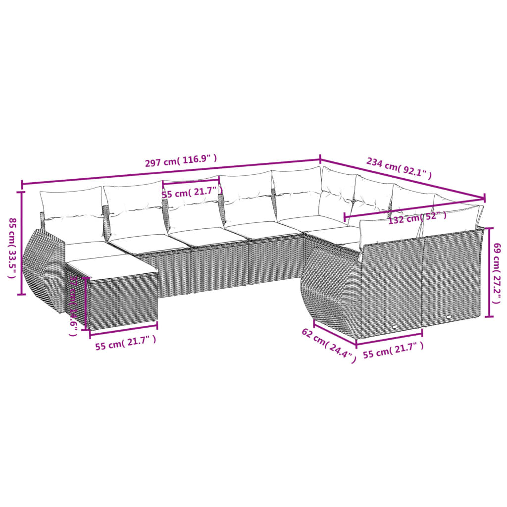 vidaXL 10-tlg. Garten-Sofagarnitur mit Kissen Schwarz Poly Rattan