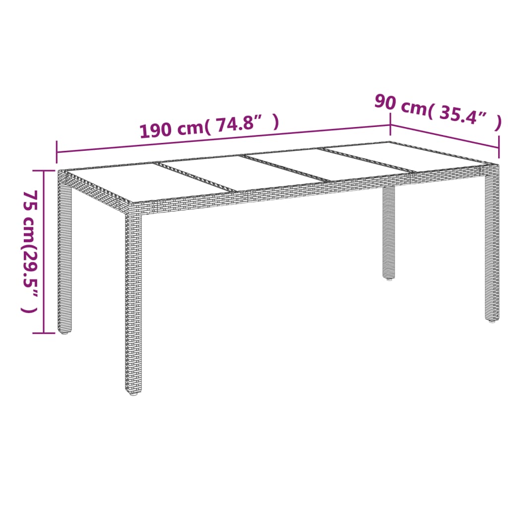 vidaXL Gartentisch mit Glasplatte Schwarz 190x90x75 cm Poly Rattan