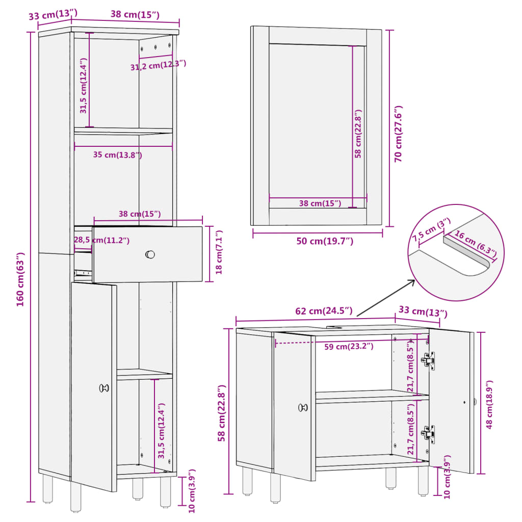 vidaXL 3-tlg. Badmöbel-Set Massivholz Akazie