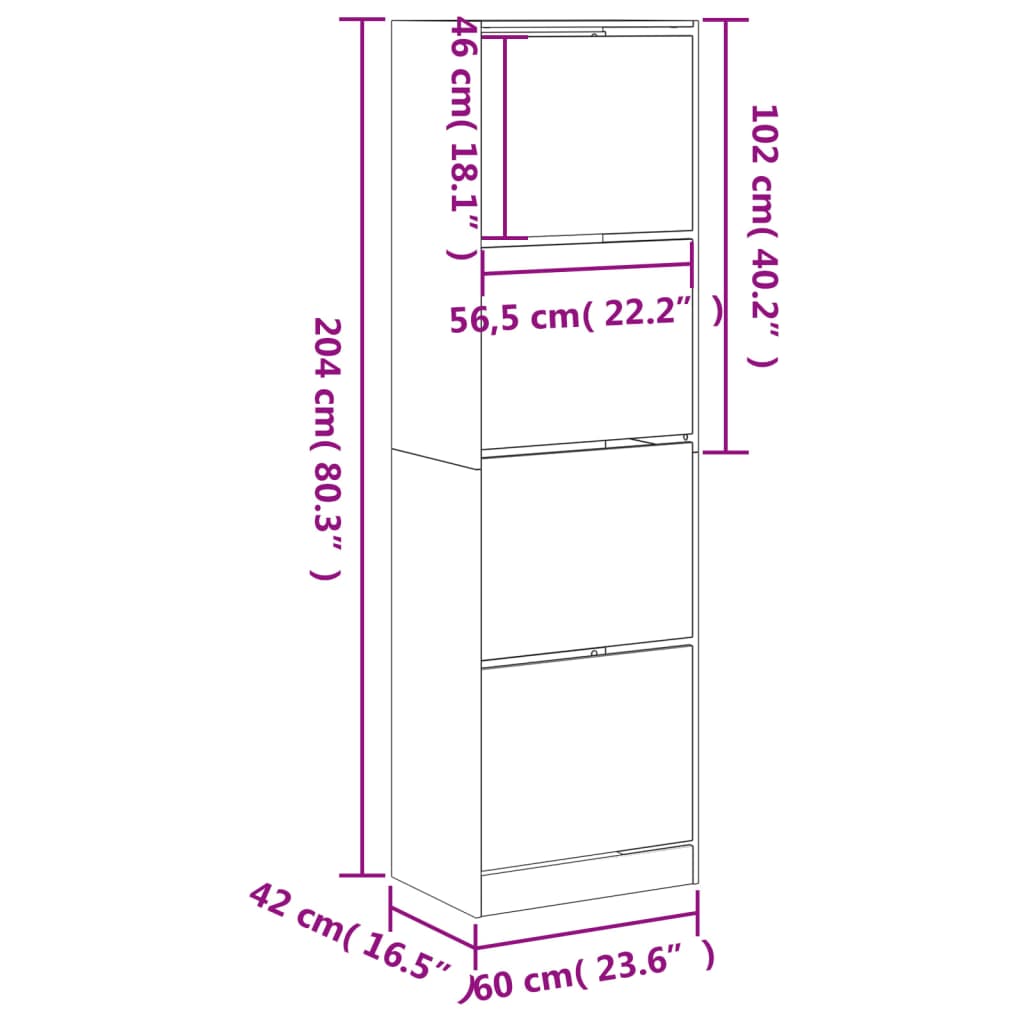 vidaXL Schuhschrank mit 4 Klappen Betongrau 60x42x204 cm