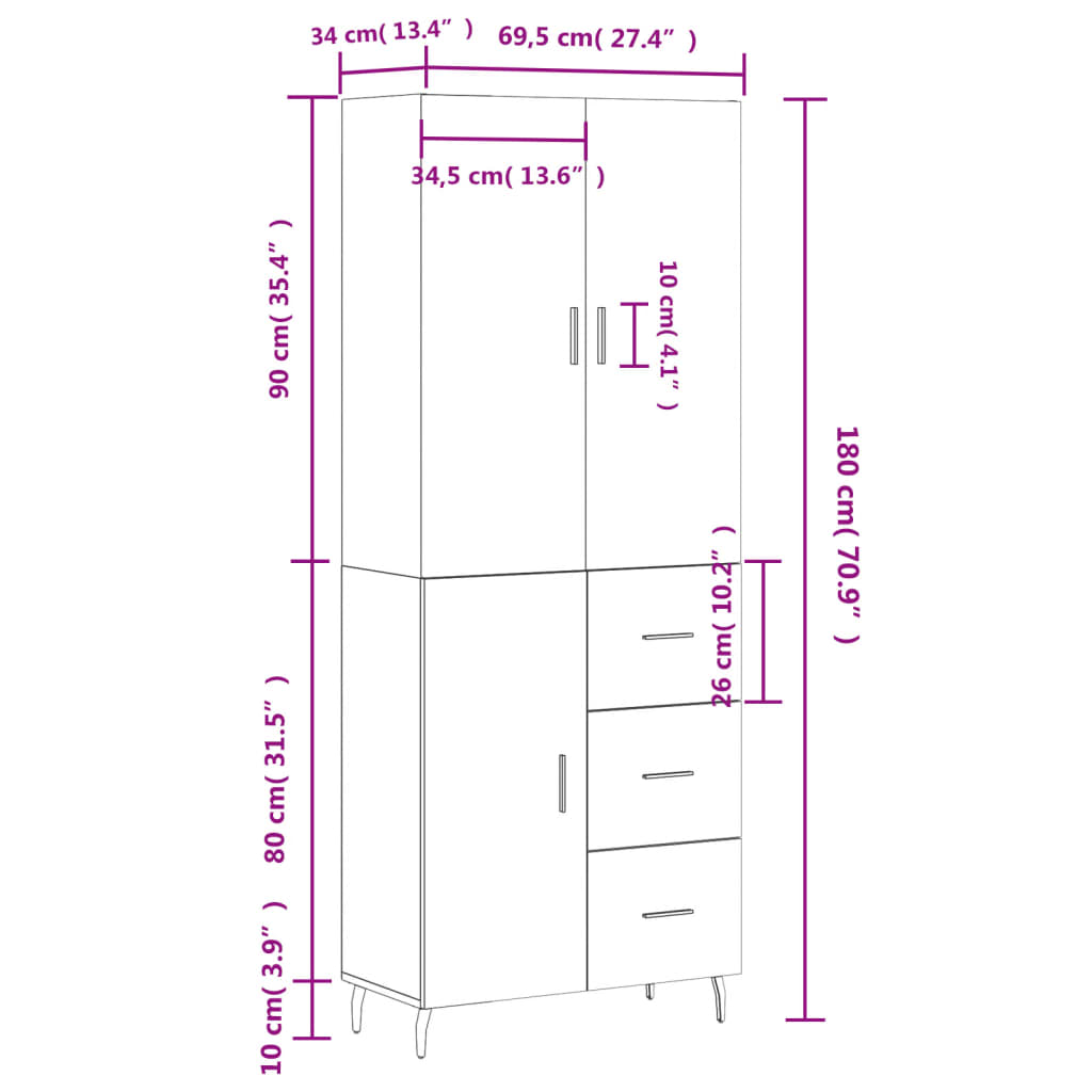 vidaXL Highboard Räuchereiche 69,5x34x180 cm Holzwerkstoff