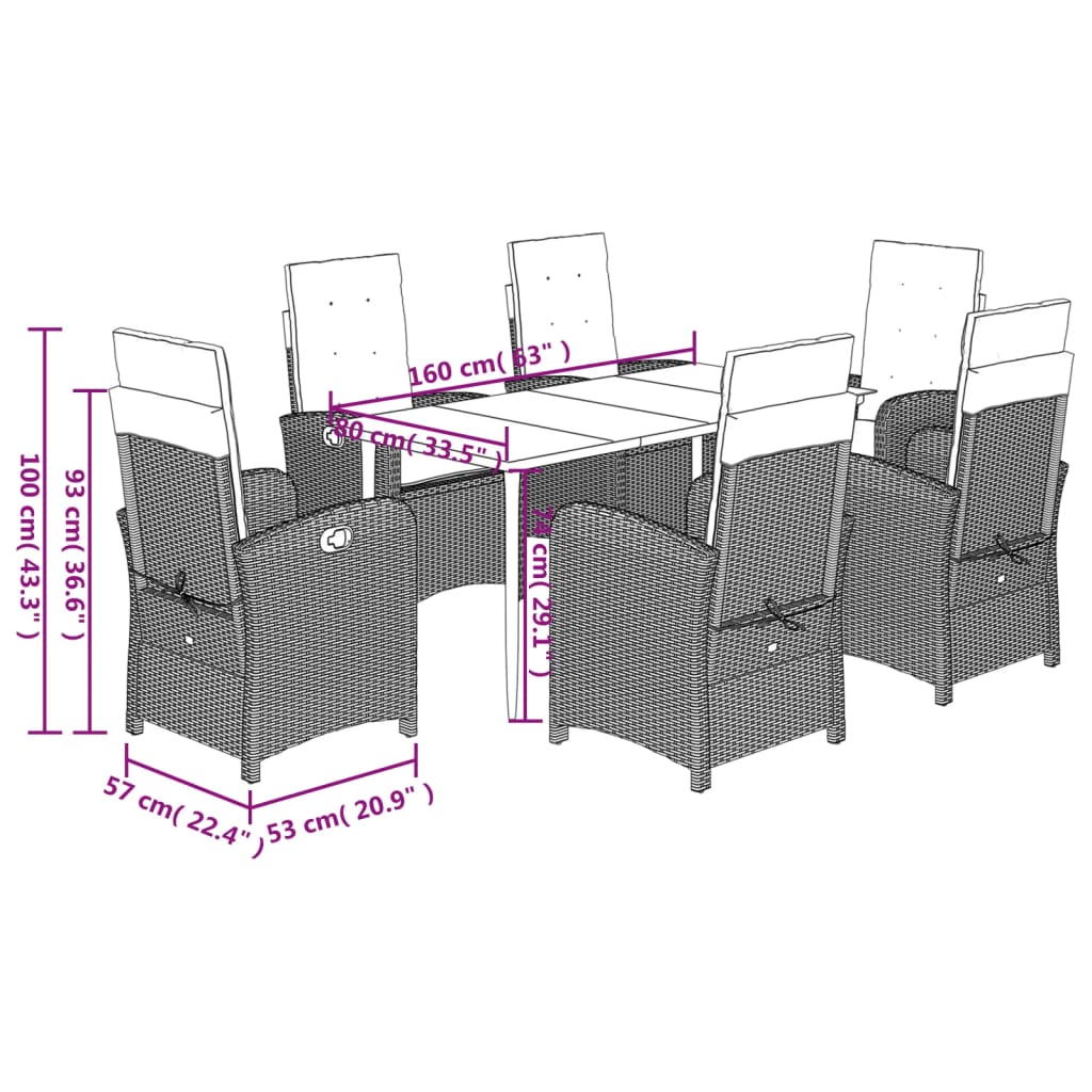 vidaXL 7-tlg. Garten-Essgruppe mit Kissen Braun Poly Rattan