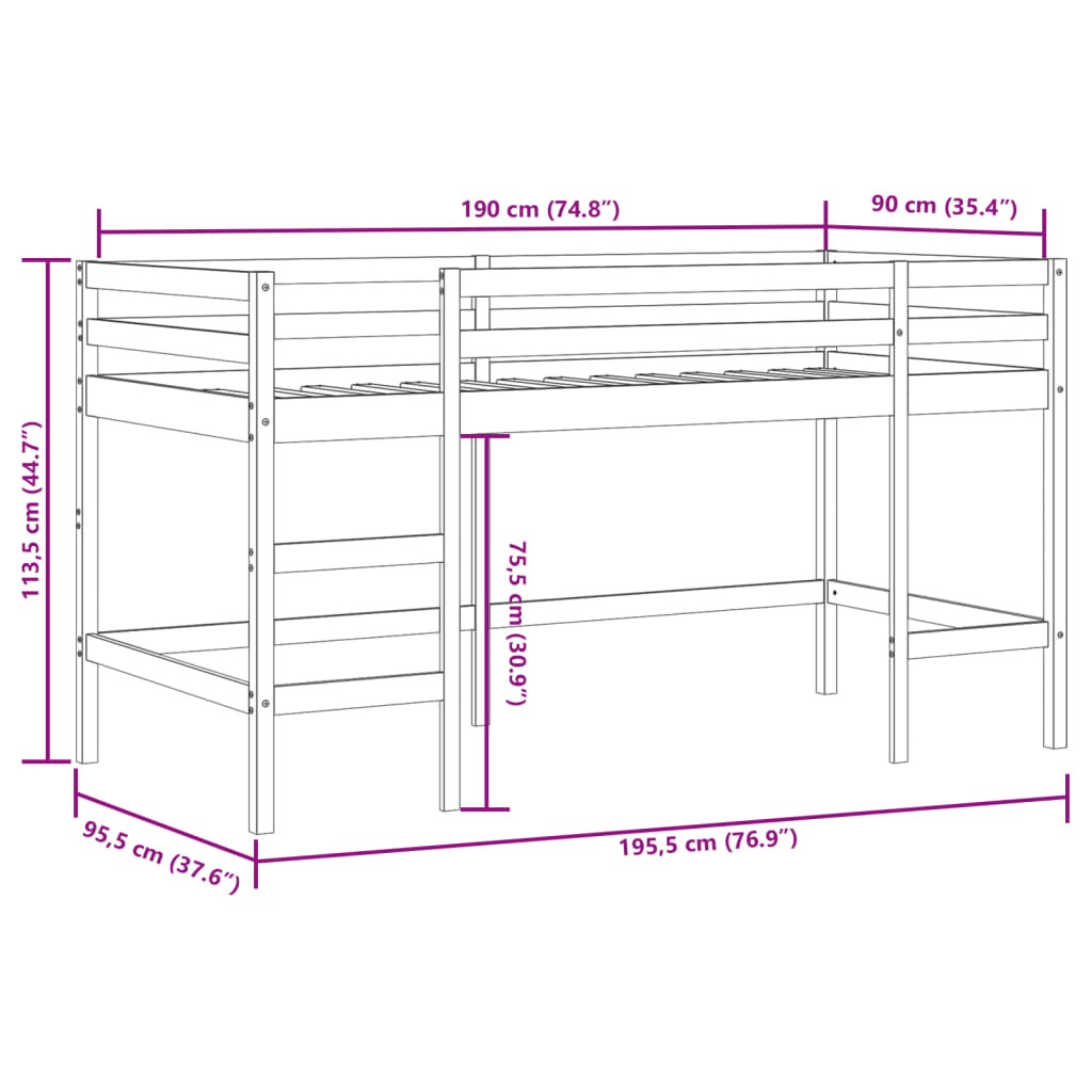 vidaXL Kinderhochbett mit Tunnel Rosa 90x190 cm Massivholz Kiefer