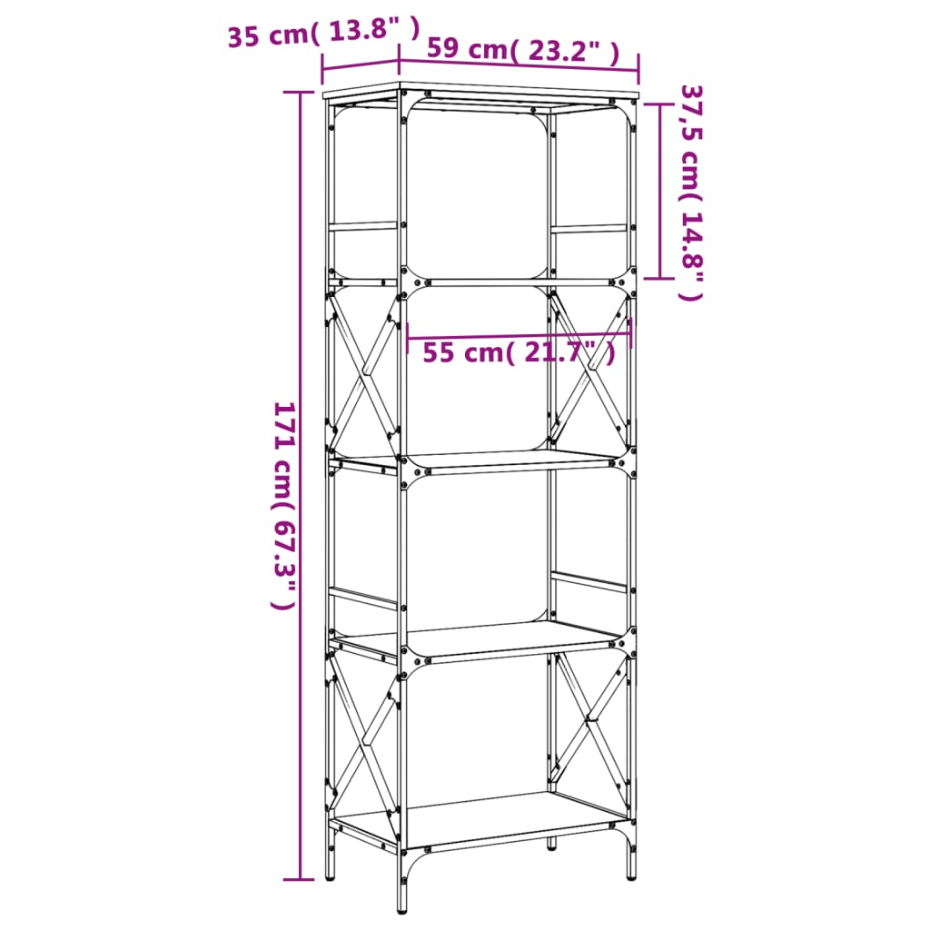 vidaXL Bücherregal 5 Böden Räuchereiche 59x35x171 cm Holzwerkstoff