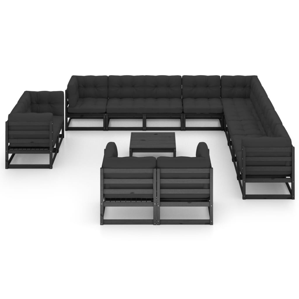 vidaXL 14-tlg. Garten-Lounge-Set mit Kissen Schwarz Massivholz Kiefer