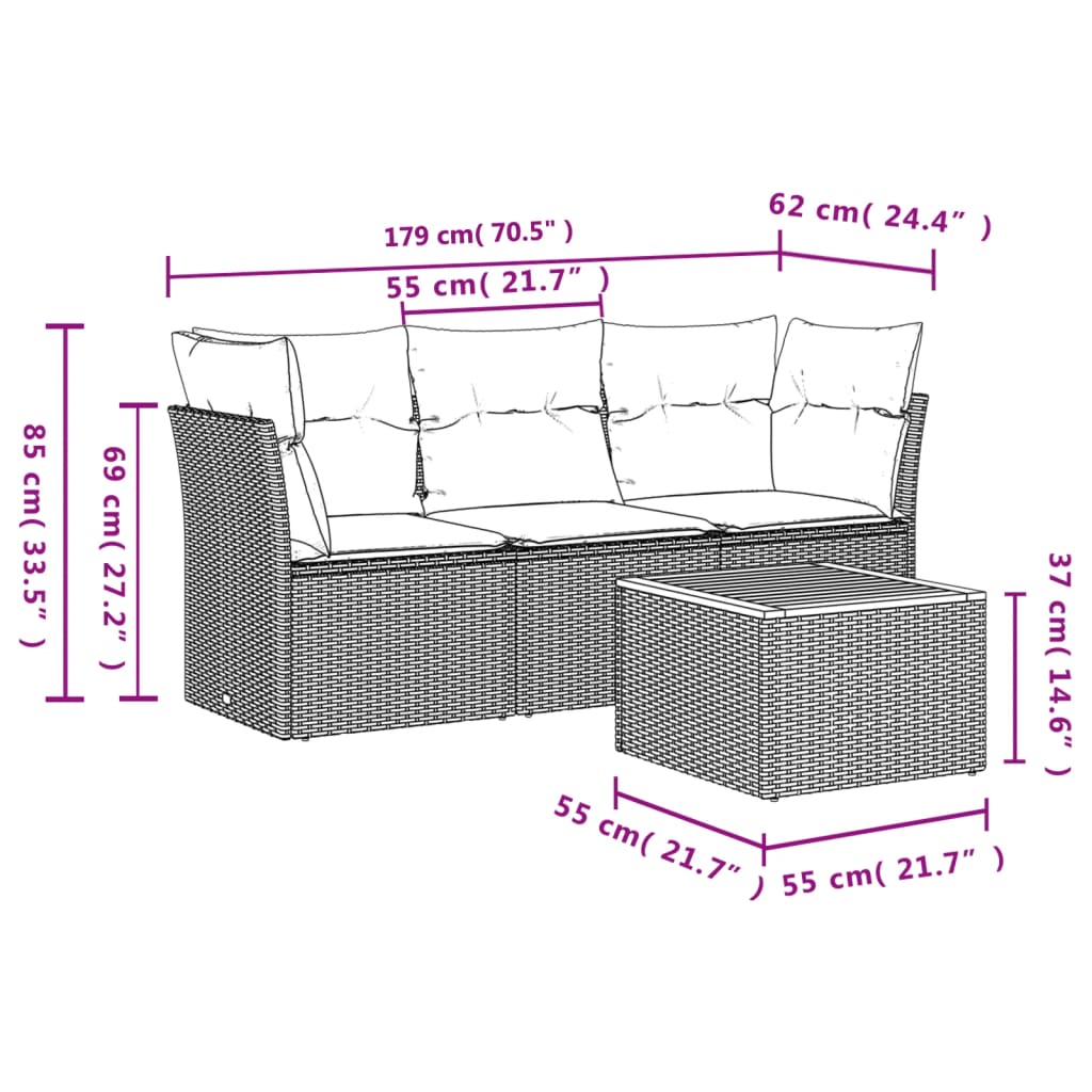 vidaXL 4-tlg. Garten-Sofagarnitur mit Kissen Schwarz Poly Rattan