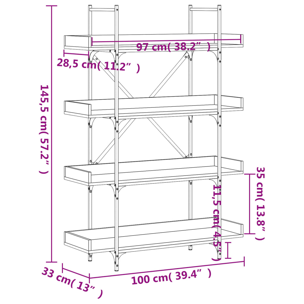 vidaXL Bücherregal 4 Böden Räuchereiche 100x33x145,5 cm Holzwerkstoff