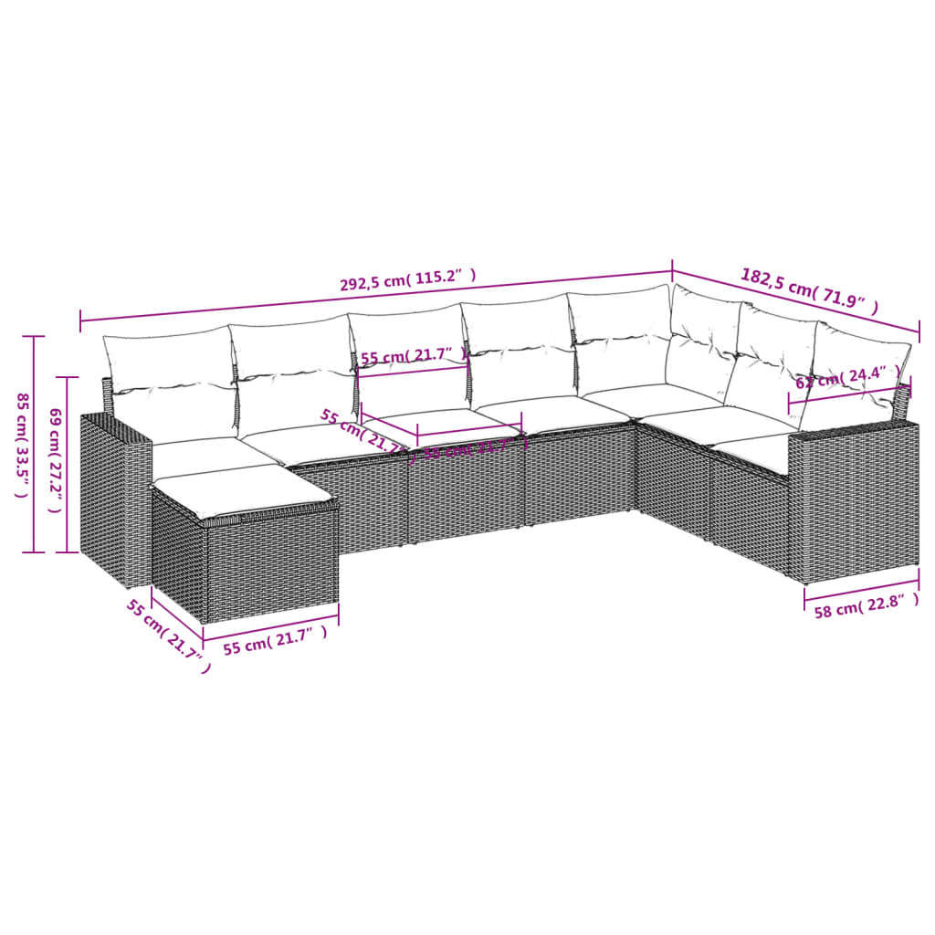 vidaXL 8-tlg. Garten-Sofagarnitur mit Kissen Beige Poly Rattan