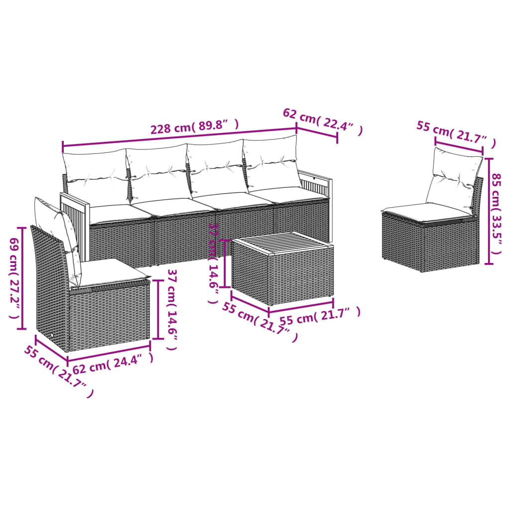 vidaXL 7-tlg. Garten-Sofagarnitur mit Kissen Beige Poly Rattan