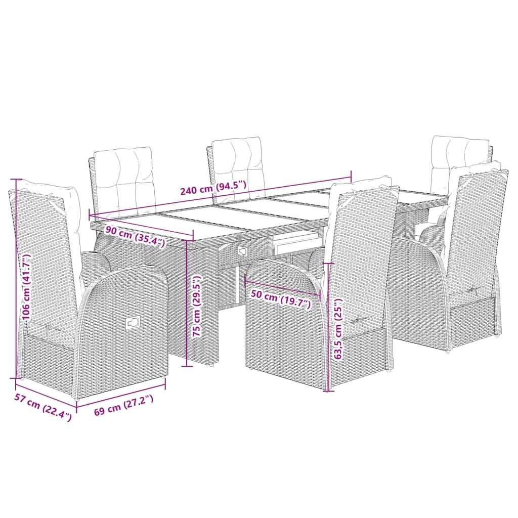 vidaXL 7-tlg. Garten-Essgruppe mit Kissen Schwarz Poly Rattan