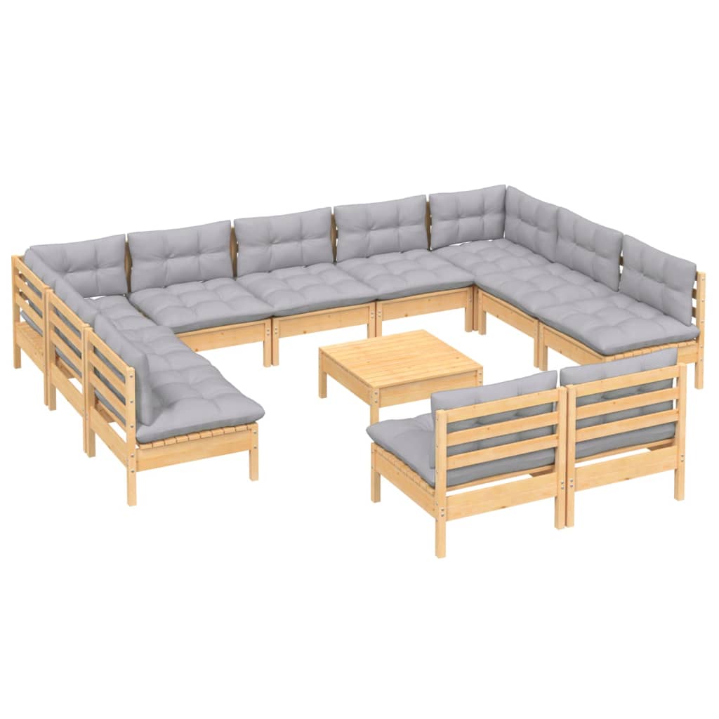 vidaXL 12-tlg. Garten-Lounge-Set mit Grauen Kissen Kiefer Massivholz