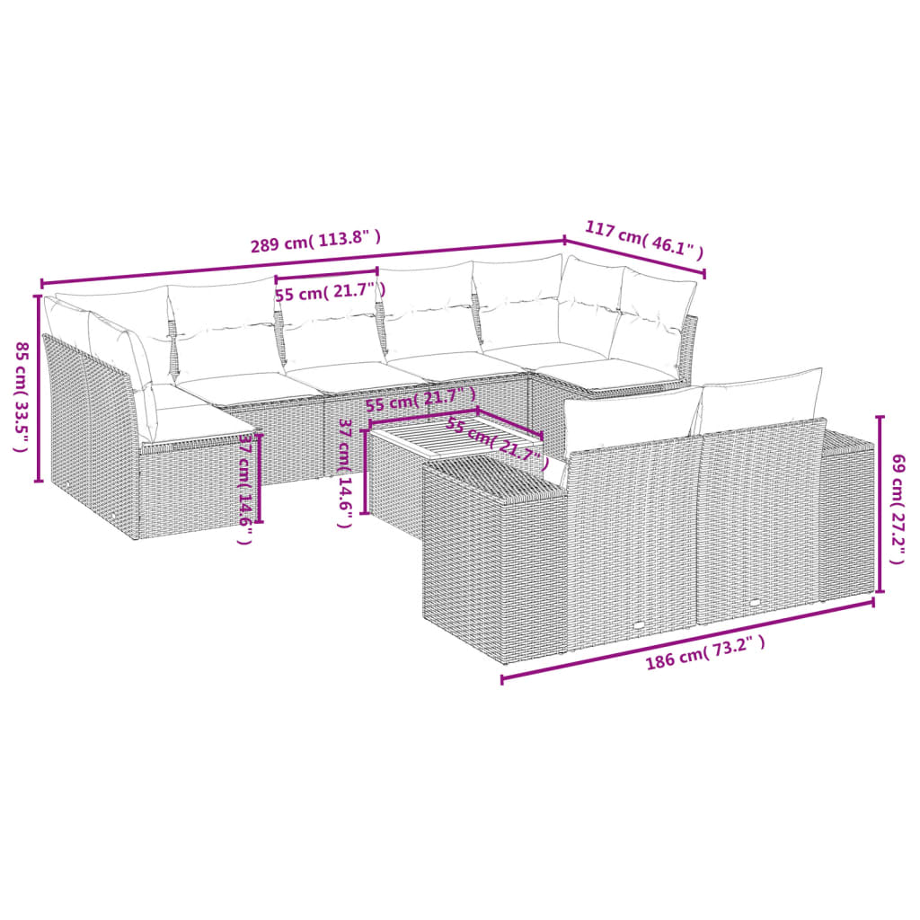 vidaXL 10-tlg. Garten-Sofagarnitur mit Kissen Beige Poly Rattan