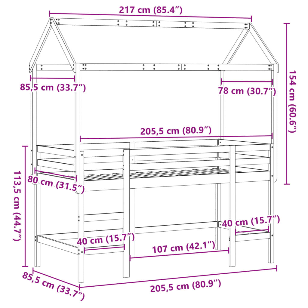 vidaXL Hochbett mit Leiter und Dach Weiß 80x200 cm Massivholz Kiefer