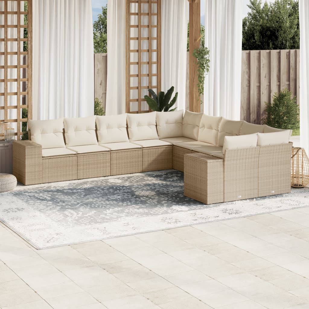 vidaXL 10-tlg. Garten-Sofagarnitur mit Kissen Beige Poly Rattan