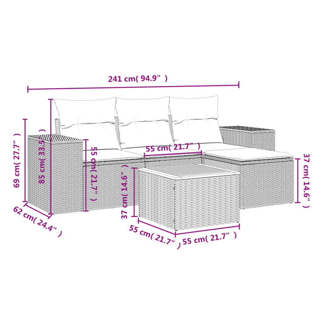 vidaXL 5-tlg. Garten-Sofagarnitur mit Kissen Beige Poly Rattan