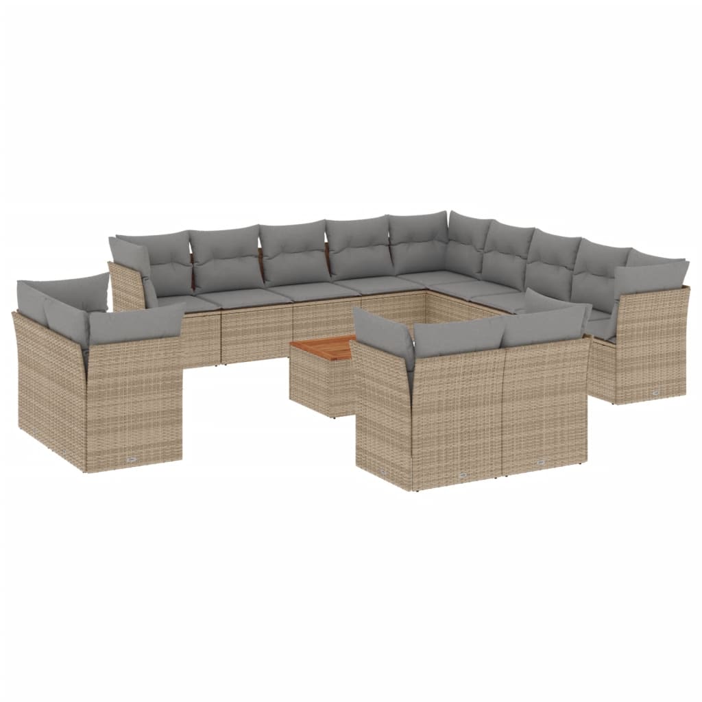 vidaXL 14-tlg. Garten-Sofagarnitur mit Kissen Beige Poly Rattan