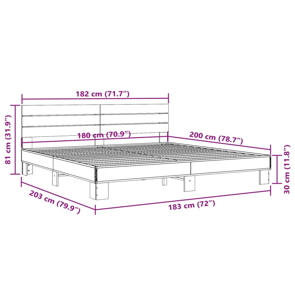 vidaXL Bettgestell Räuchereiche 180x200 cm Holzwerkstoff und Metall