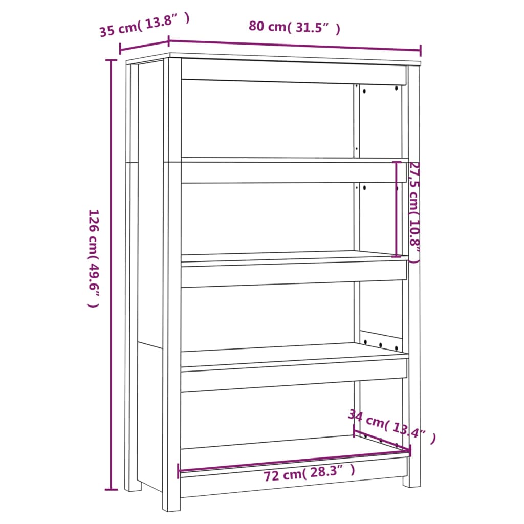 vidaXL Bücherregal Weiß 80x35x126 cm Massivholz Kiefer