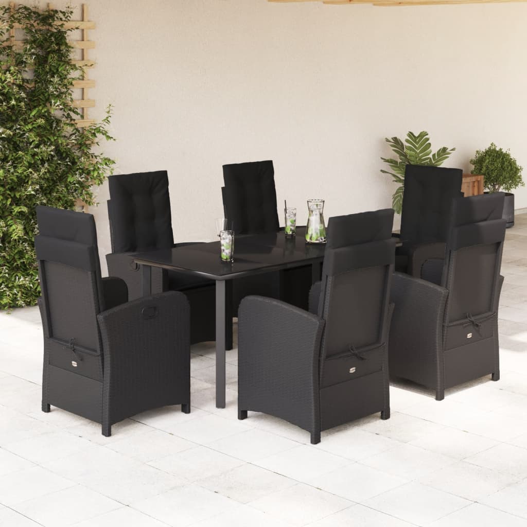 vidaXL 7-tlg. Garten-Essgruppe mit Kissen Schwarz Poly Rattan