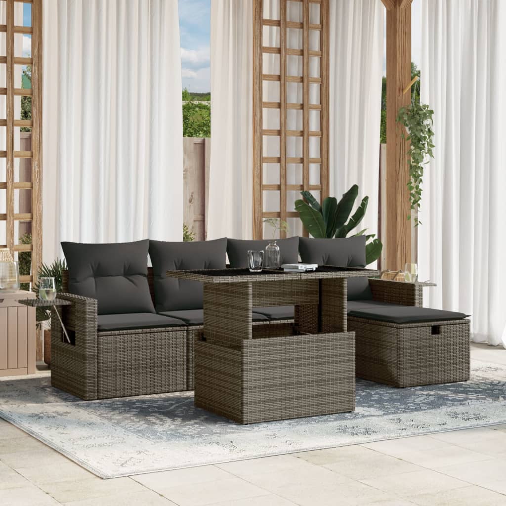 vidaXL 6-tlg. Garten-Sofagarnitur mit Kissen Grau Poly Rattan