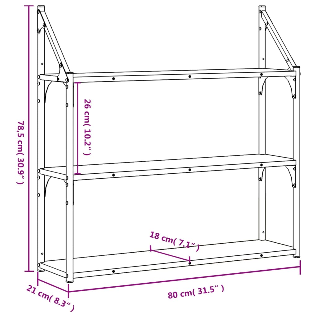 vidaXL Wandregal 3 Fächer Grau Sonoma 80x21x78,5 cm Holzwerkstoff