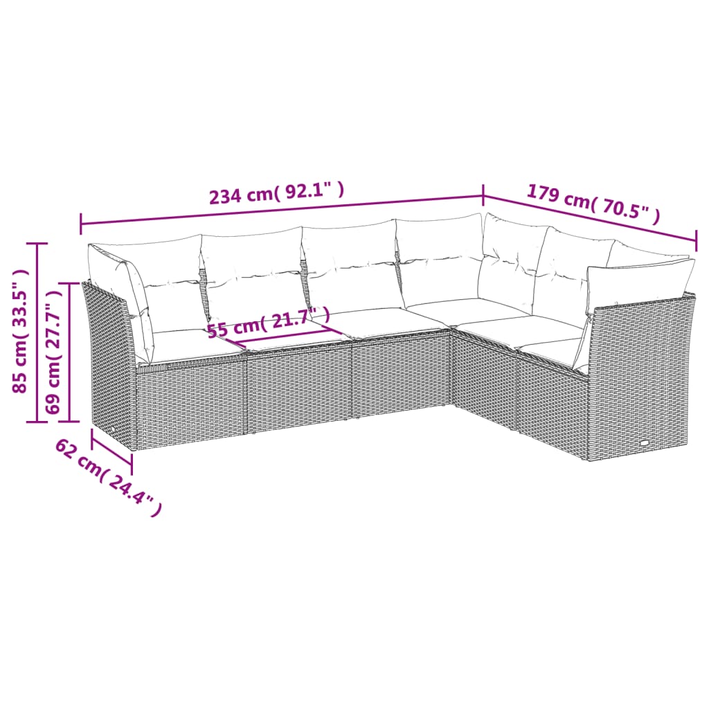 vidaXL 6-tlg. Garten-Sofagarnitur mit Kissen Beige Poly Rattan