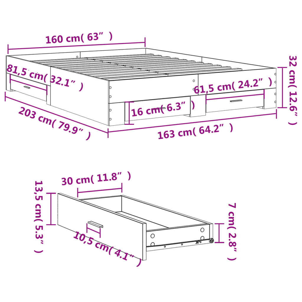 vidaXL Bettgestell mit Schubladen Braun Eichen-Optik 160x200 cm