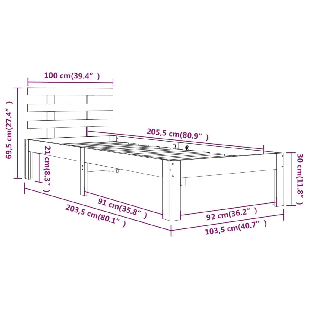 vidaXL Massivholzbett Weiß 100x200 cm