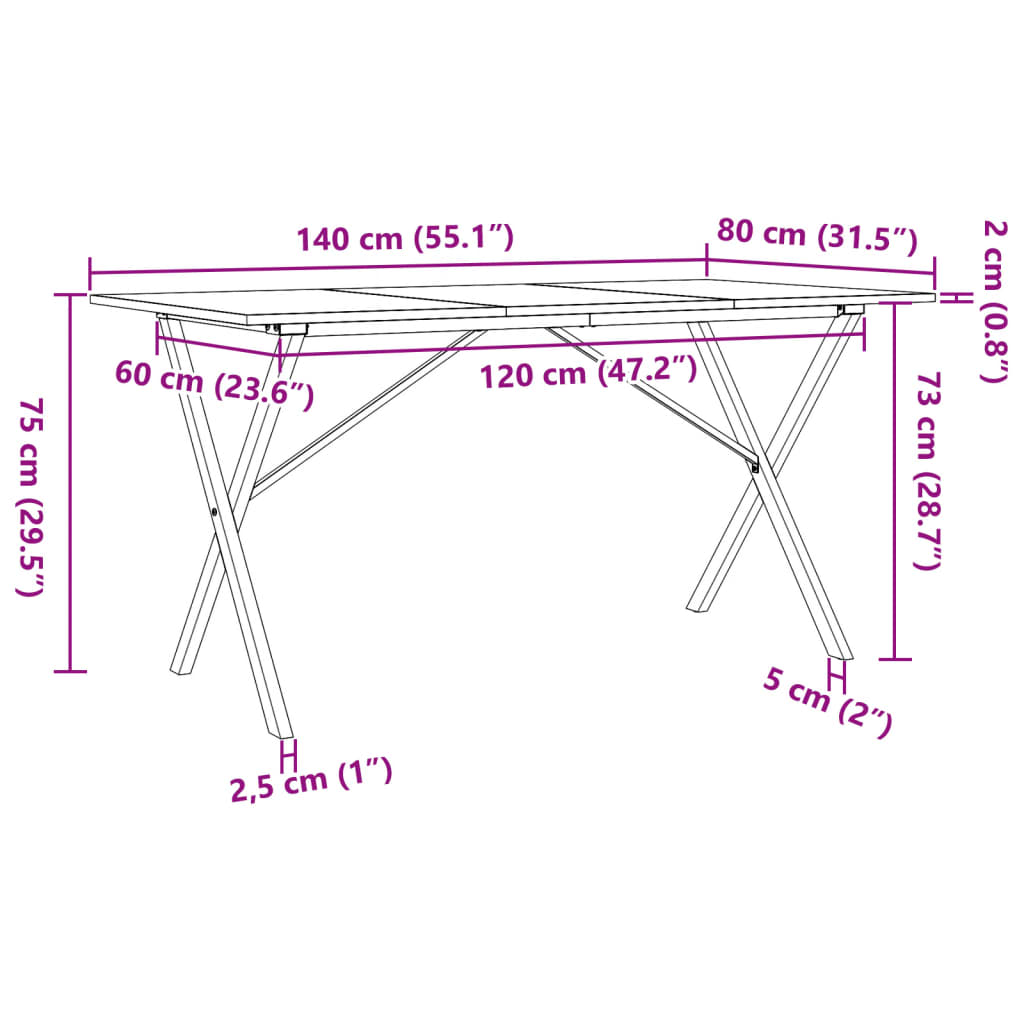 vidaXL Esstisch X-Gestell 140x80x75 cm Massivholz Kiefer und Gusseisen