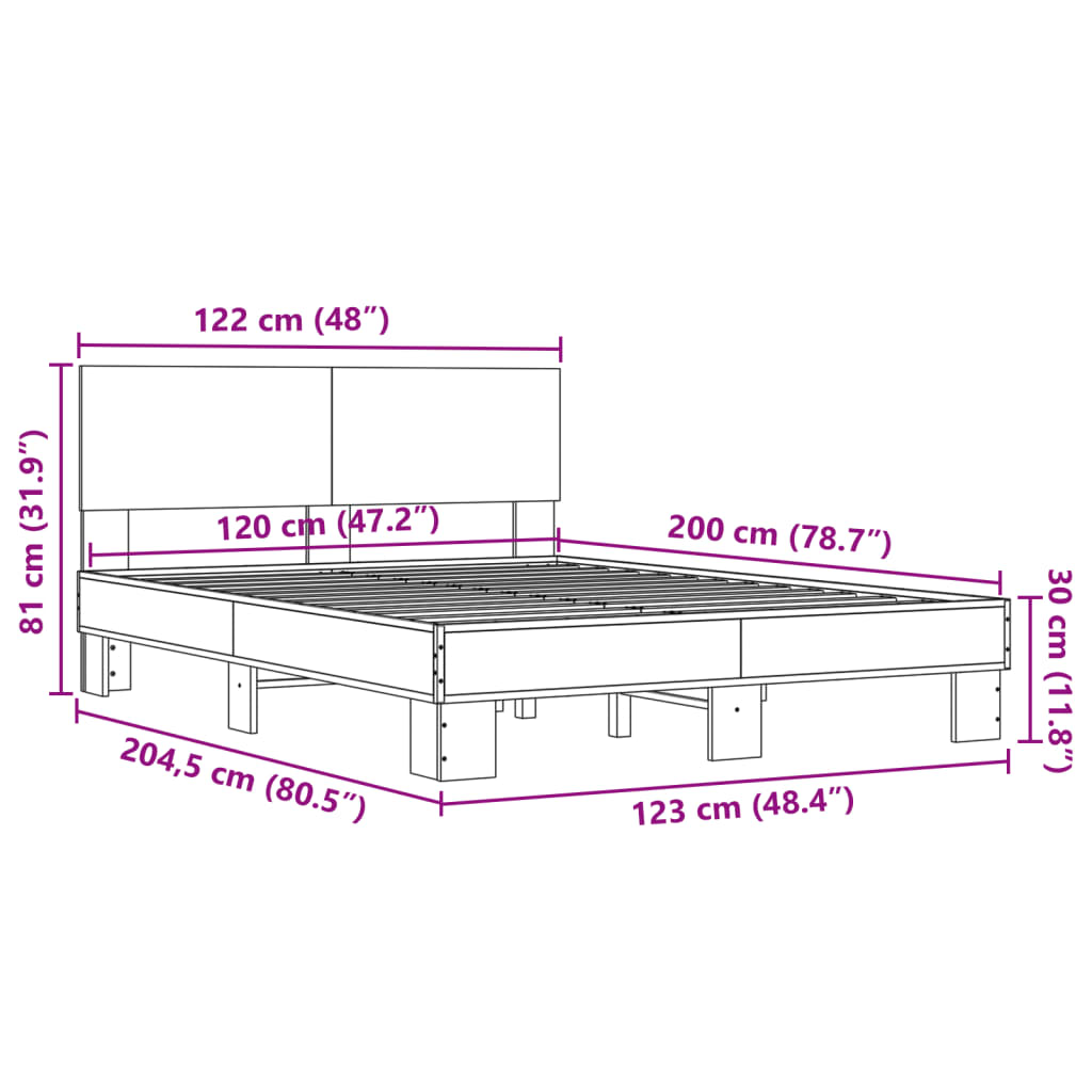 vidaXL Bettgestell Braun Eichen-Optik 120x200 cm Holzwerkstoff Metall