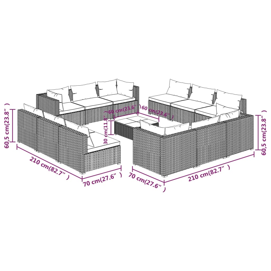 vidaXL 13-tlg. Garten-Lounge-Set mit Kissen Poly Rattan Schwarz