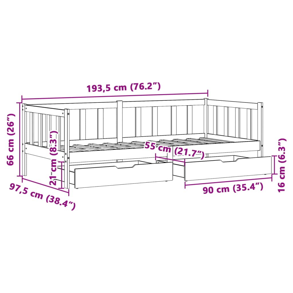 vidaXL Tagesbett mit Schubladen Weiß 90x190 cm Kiefernholz