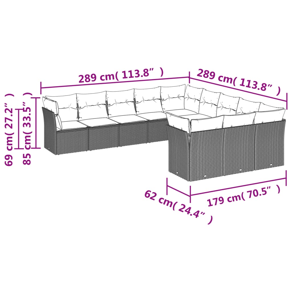 vidaXL 11-tlg. Garten-Sofagarnitur mit Kissen Schwarz Poly Rattan