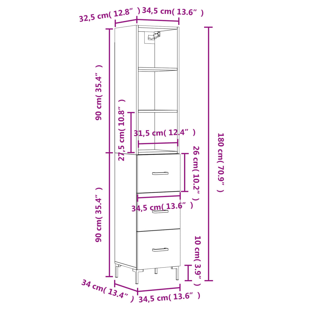 vidaXL Highboard Grau Sonoma 34,5x34x180 cm Holzwerkstoff