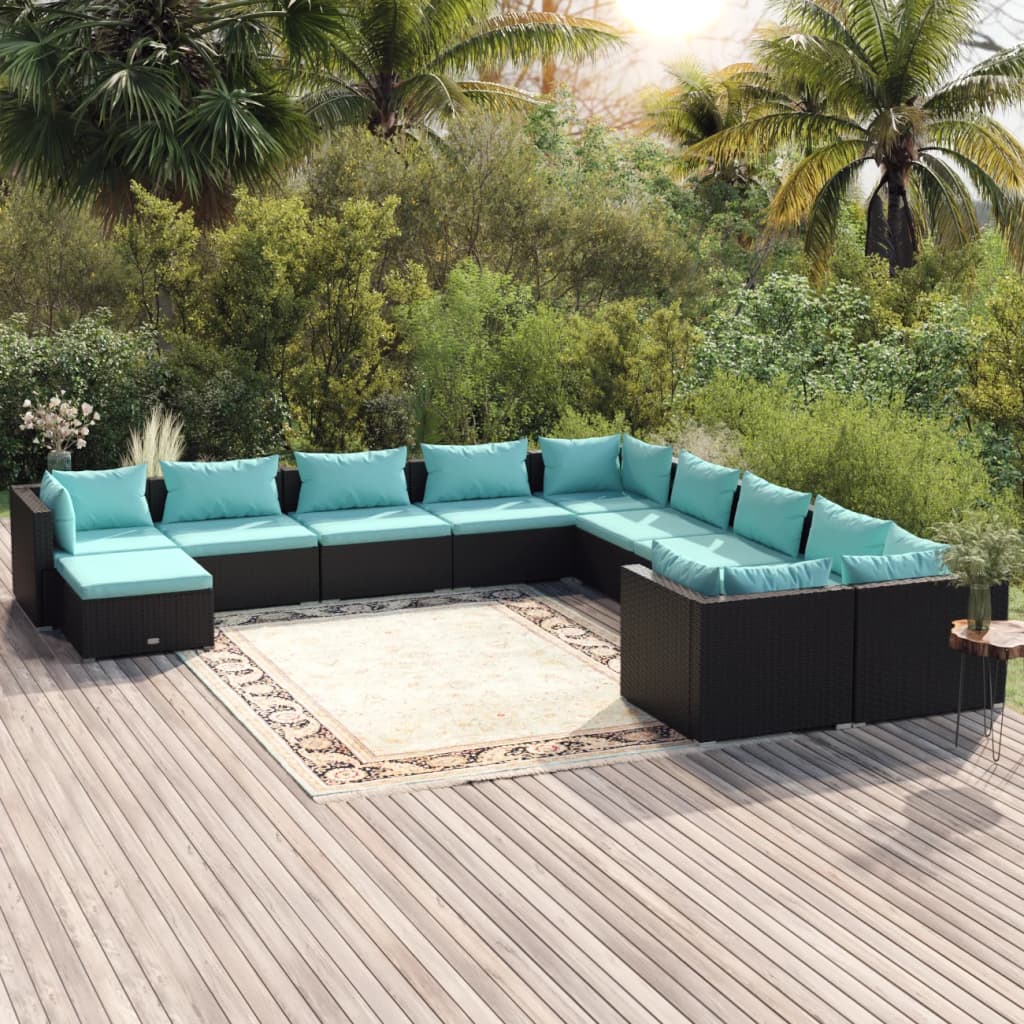 vidaXL 11-tlg. Garten-Lounge-Set mit Kissen Poly Rattan Schwarz