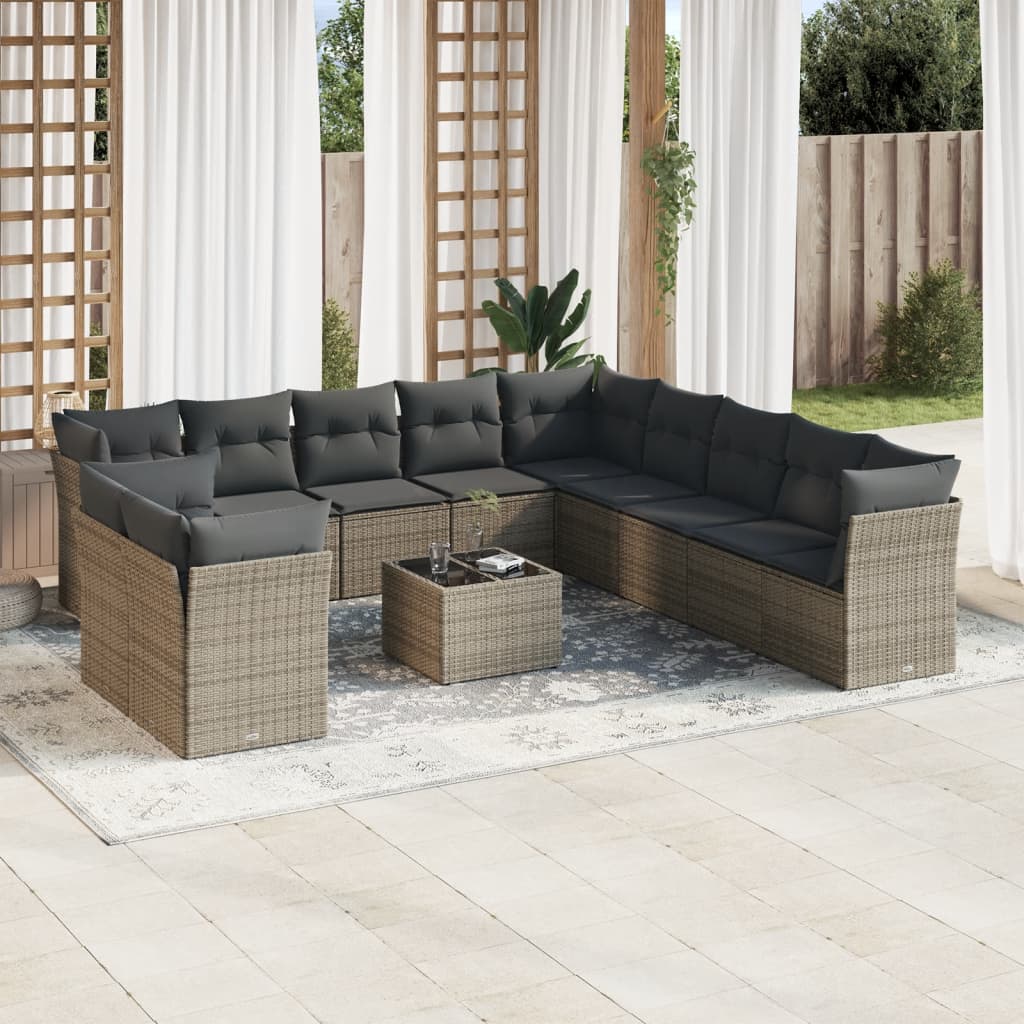 vidaXL 12-tlg. Garten-Sofagarnitur mit Kissen Grau Poly Rattan