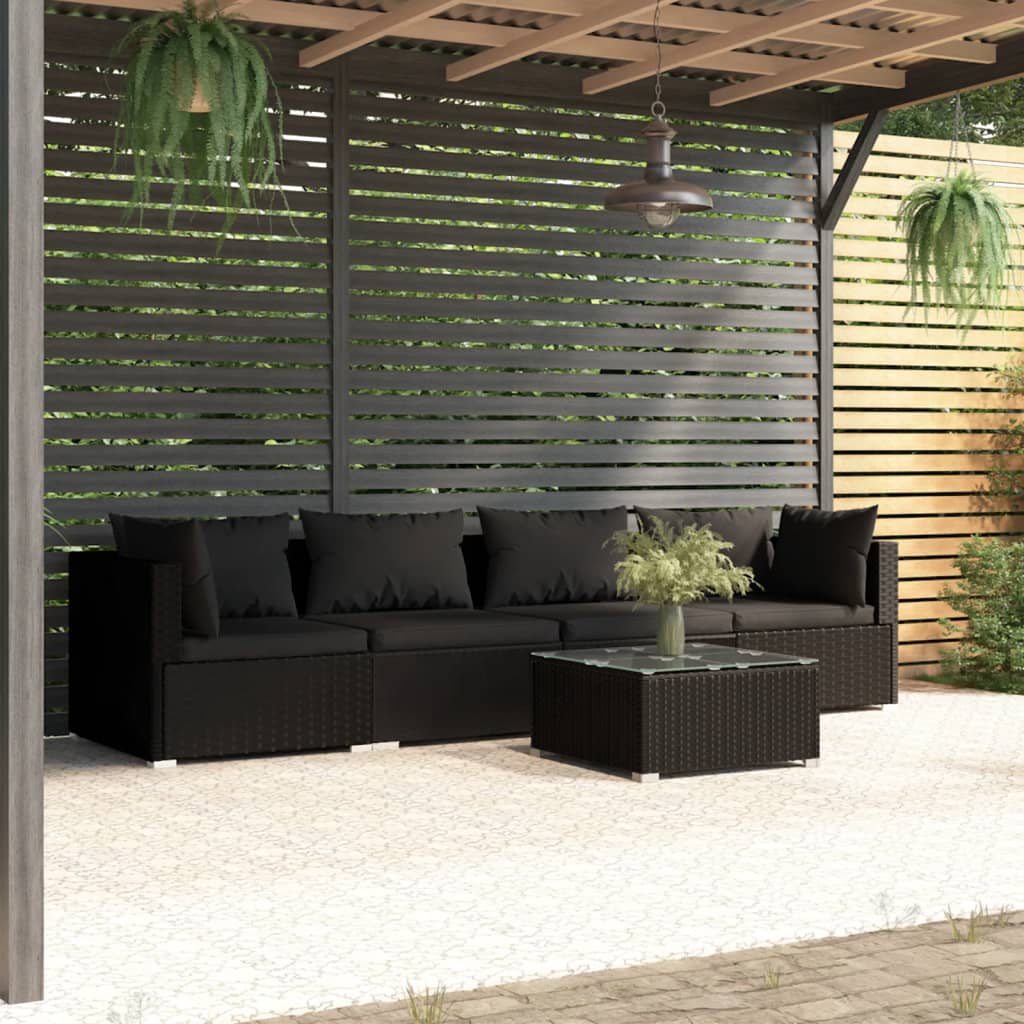 vidaXL 5-tlg. Garten-Lounge-Set mit Kissen Poly Rattan Schwarz