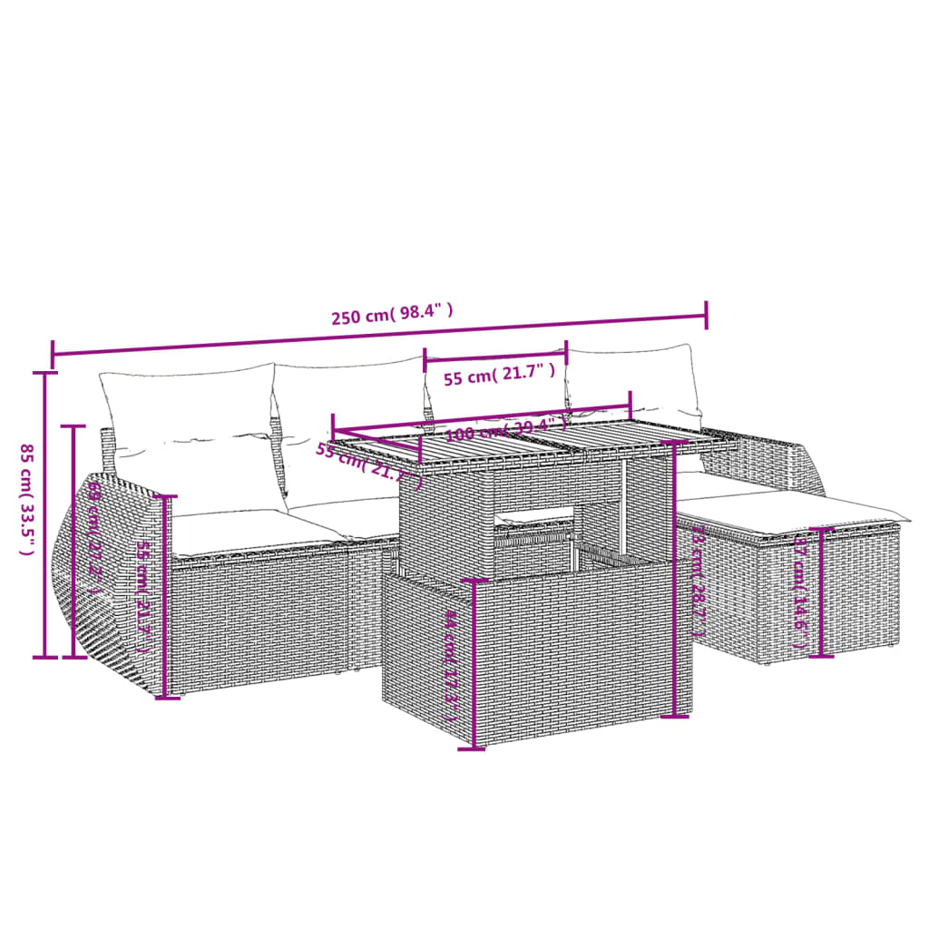 vidaXL 6-tlg. Garten-Sofagarnitur mit Kissen Schwarz Poly Rattan