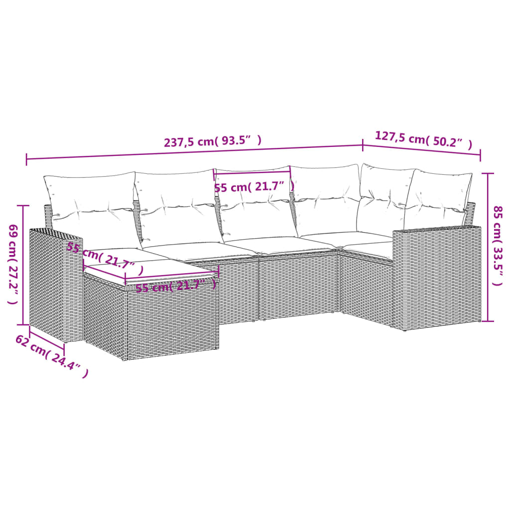 vidaXL 6-tlg. Garten-Sofagarnitur mit Kissen Braun Poly Rattan