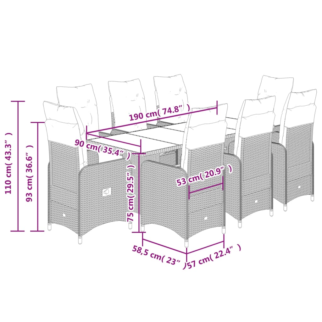 vidaXL 9-tlg. Garten-Bistro-Set mit Kissen Schwarz Poly Rattan