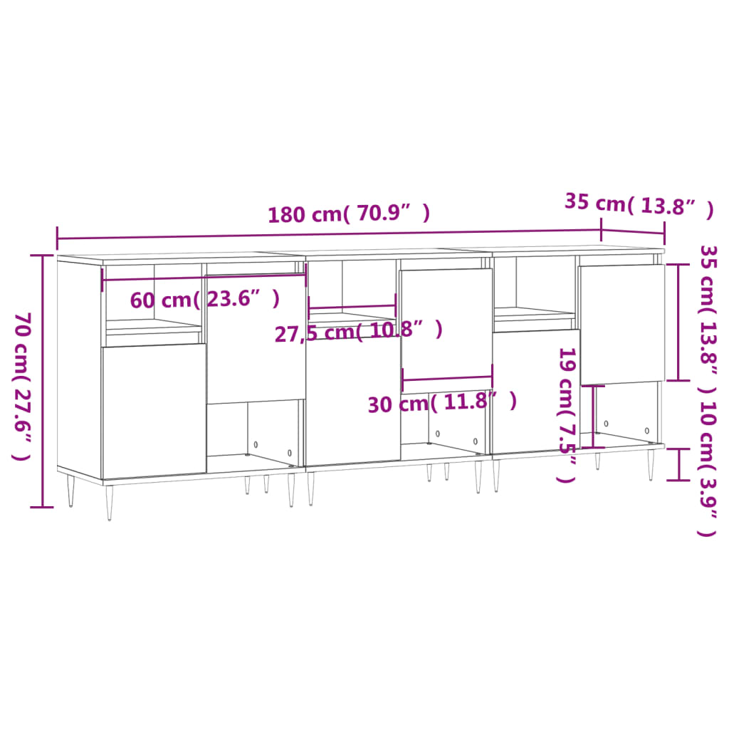 vidaXL Sideboards 3 Stk. Weiß Holzwerkstoff