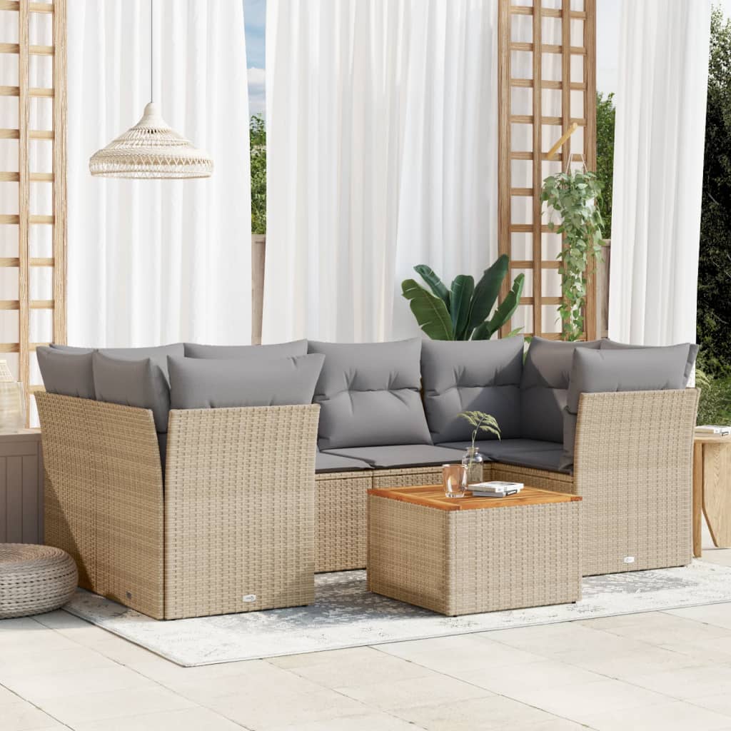 vidaXL 7-tlg. Garten-Sofagarnitur mit Kissen Beige Poly Rattan