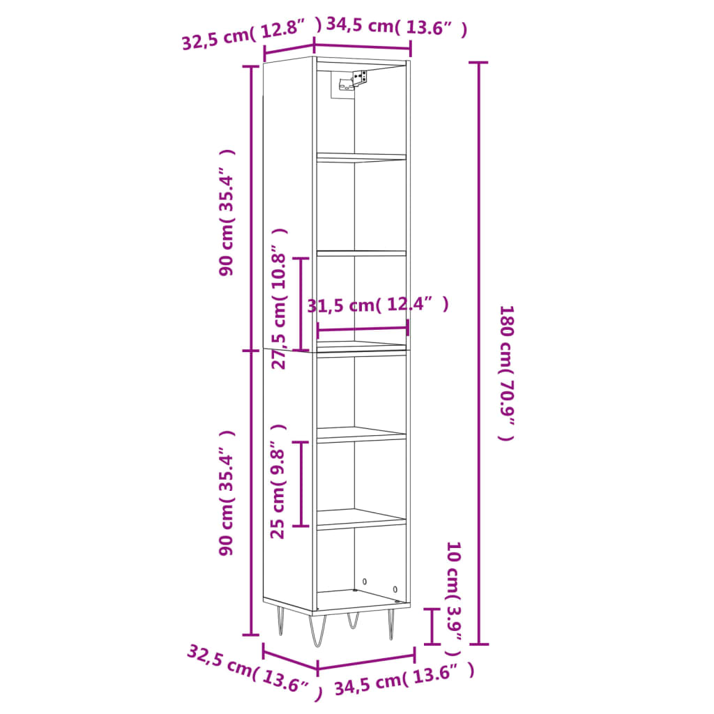 vidaXL Highboard Hochglanz-Weiß 34,5x32,5x180 cm Holzwerkstoff