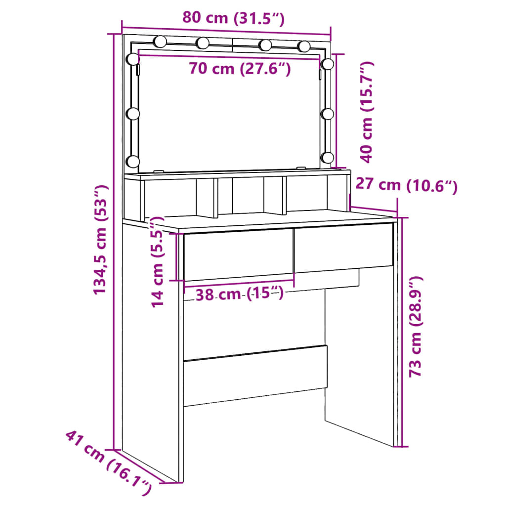 vidaXL Schminktisch mit LED-Beleuchtung Räuchereiche 80x41x134,5 cm