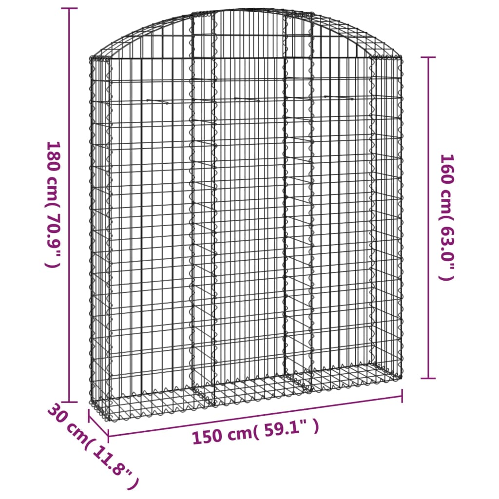 vidaXL Gabione mit Hochbogen 150x30x160/180 cm Verzinktes Eisen