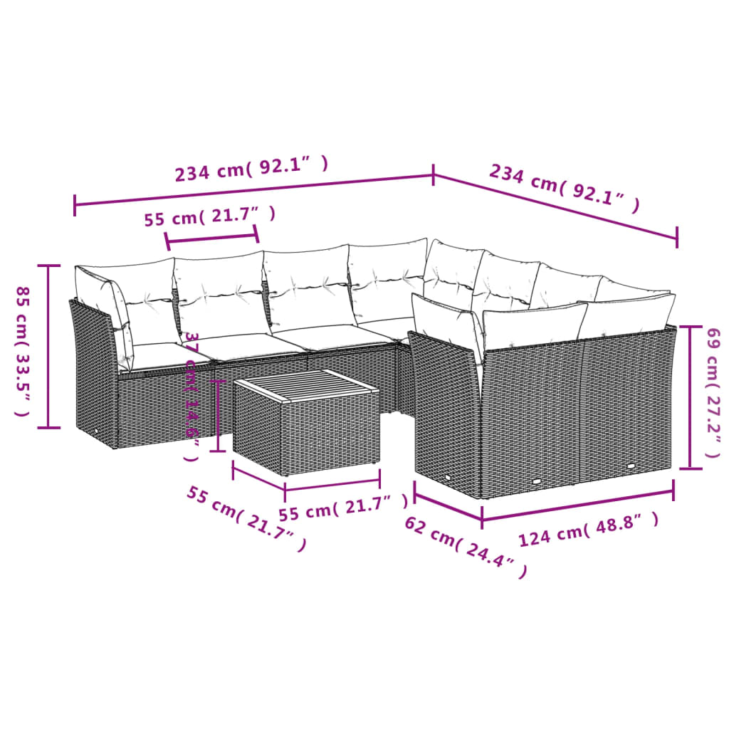 vidaXL 9-tlg. Garten-Sofagarnitur mit Kissen Schwarz Poly Rattan