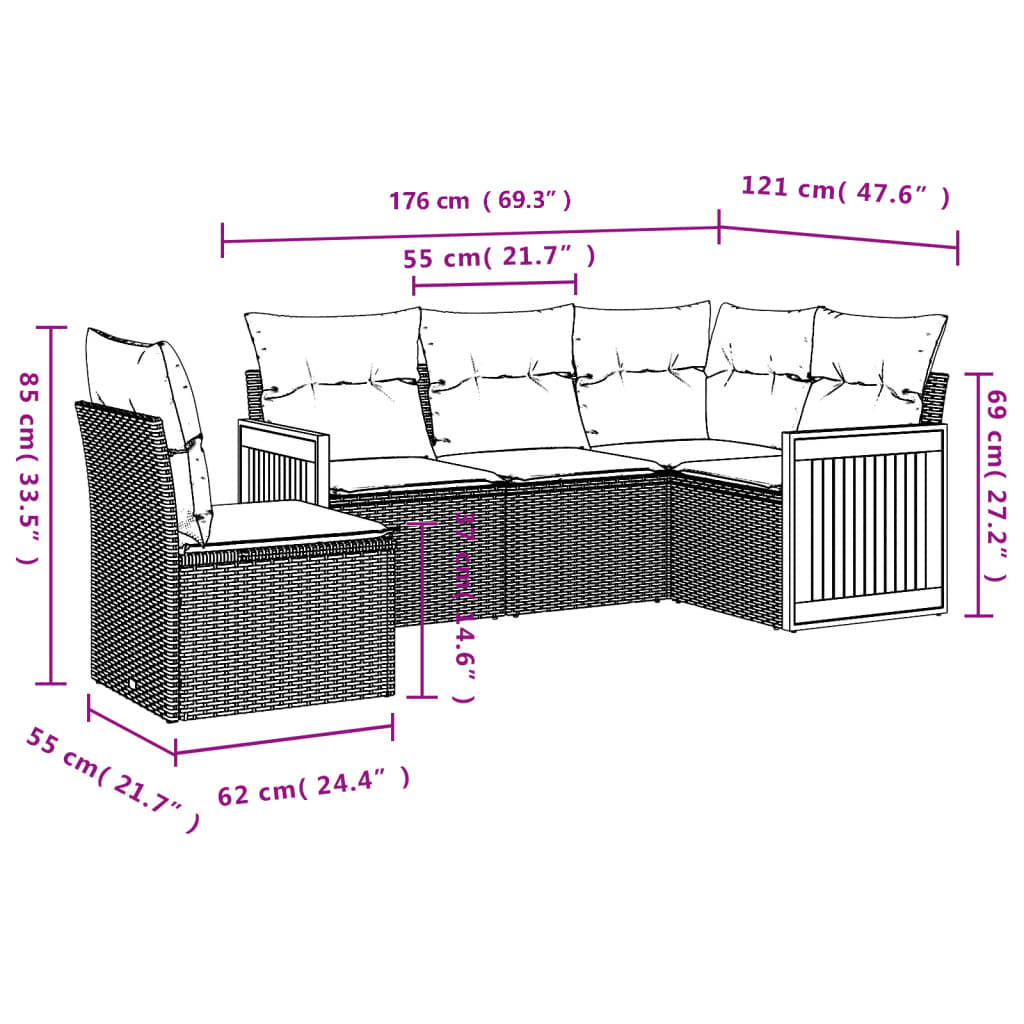 vidaXL 5-tlg. Garten-Sofagarnitur mit Kissen Grau Poly Rattan