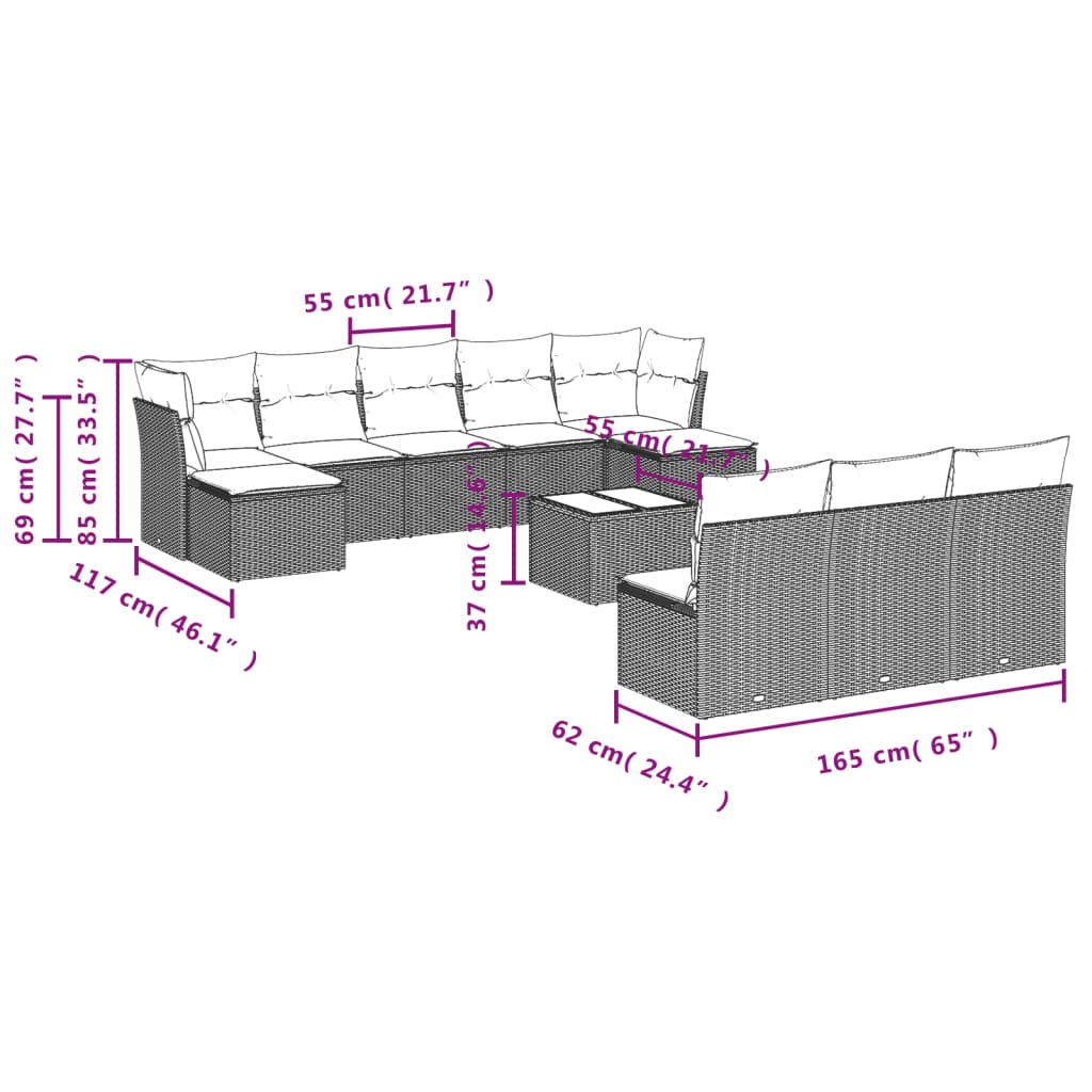 vidaXL 11-tlg. Garten-Sofagarnitur mit Kissen Hellgrau Poly Rattan