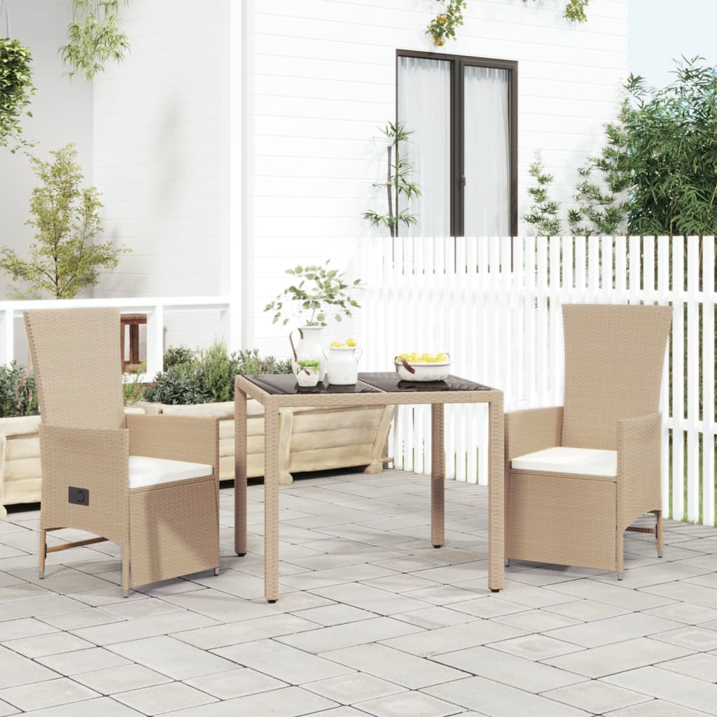 vidaXL 3-tlg. Garten-Essgruppe mit Kissen Beige Poly Rattan